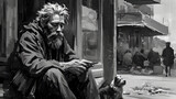 Fototapeta  - Painting of a homelessness man sitting on a sidewalk 
