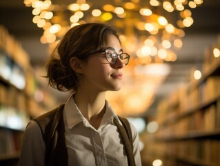 Canvas Print - A woman with glasses standing in a library. Generative AI.