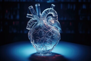 Poster - A glass heart sitting on top of a table. Generative AI.