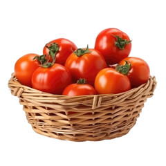 Wall Mural - Wicker basket full of delicious ripe tomatoes isolated on transparent background, png clip art. Template for vegetable flavor mark.