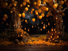 Winnie The Pooh With Yellow Balloons And Lanterns On A Dark Background, The Theme Of The Holiday Winnie The Pooh Background