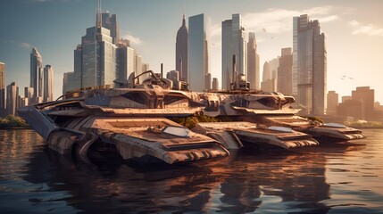 Wall Mural - alien invasion on an amazing island of manhattan landscape by generative ai