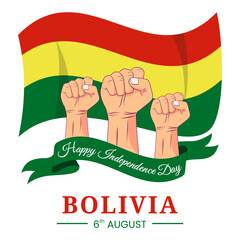 Wall Mural - Vector graphic of Happy Bolivia Independence Day for greeting card with clenched fist and ribbon