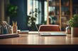 © itchaznong - Front view Office desk with office tools, computer laptop on wood table background with copy space. Generative AI