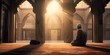 Religious muslim man praying inside the mosque. Generative Ai