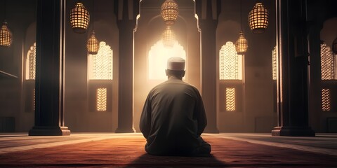 Wall Mural - Religious muslim man praying inside the mosque. Generative Ai