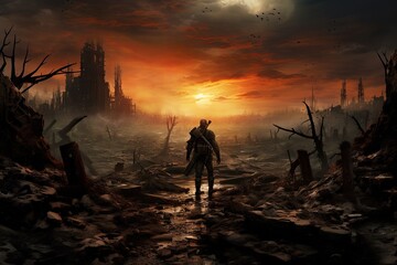 Fantasy landscape with a man in the middle of a destroyed city, A soldier march toward on an apocalyptic ruined landscape, full rear view, AI Generated