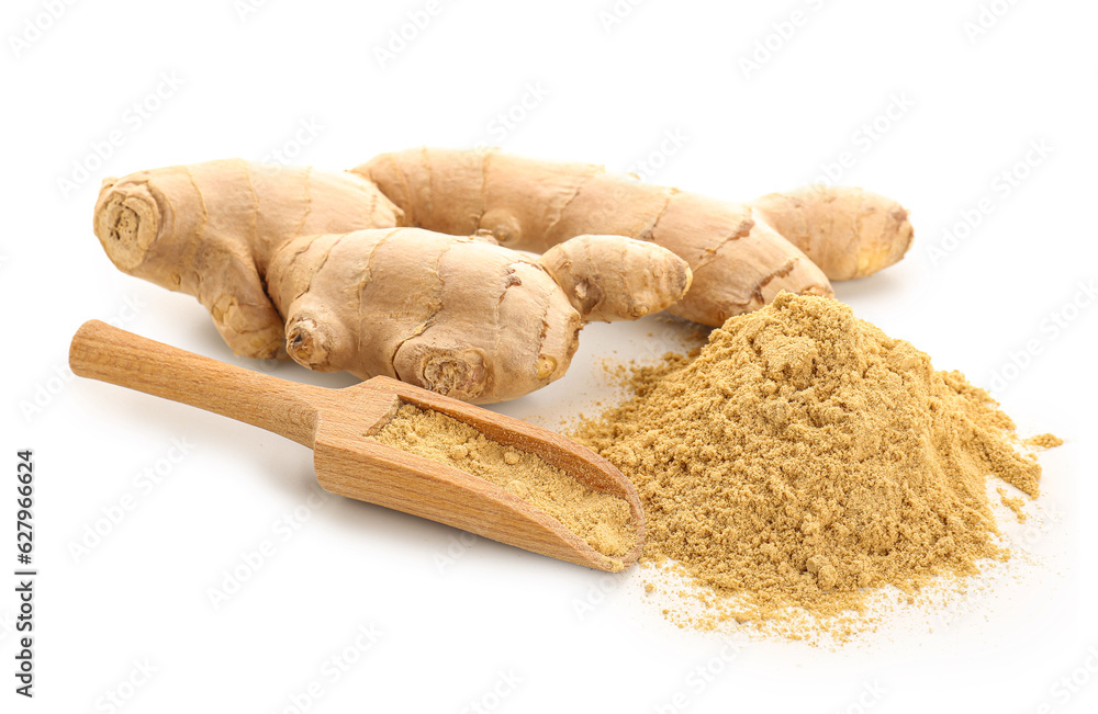Fresh ginger root and wooden scoop with dried powder on white background