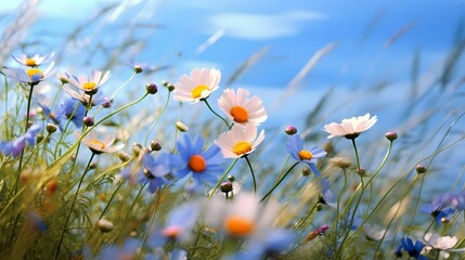 Wall Mural - Closeup Beautiful meadow in summer with wild flowers camomile and blue sky background 