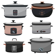 Set Of Vector Illustration Slow Cooker For Rice And Other Food In Kitchen Preparing Flat Design Style