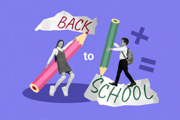 Poster - Creative collage of mini black white effect people hold big pencil drawing write back to school isolated on purple background