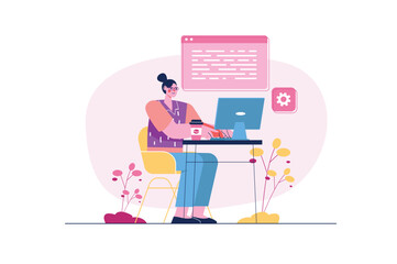 programming concept with people scene in the flat cartoon design. a programmer writes code for appli