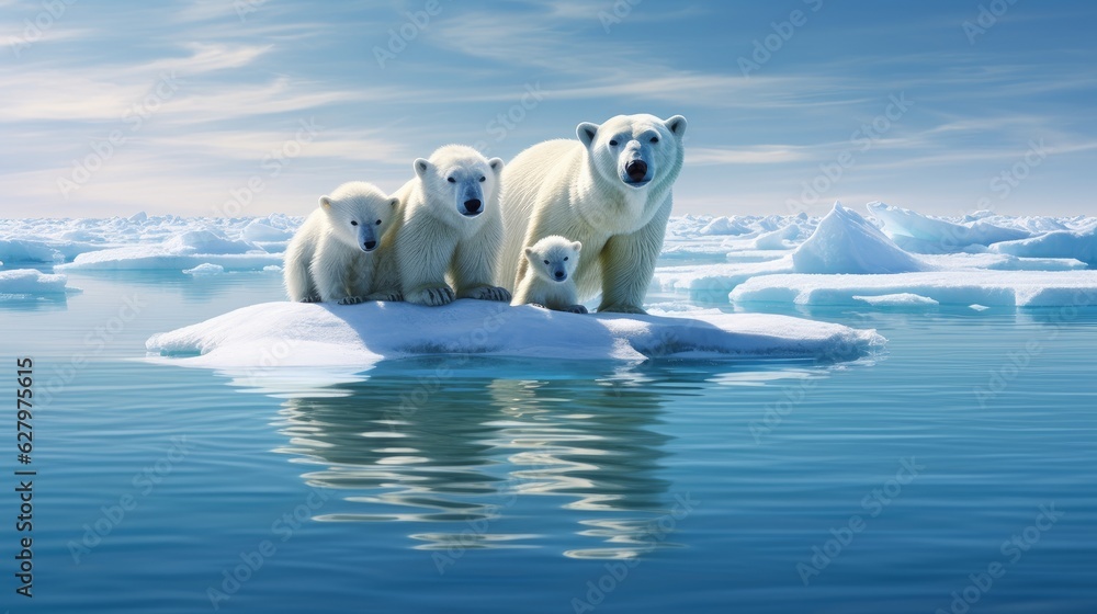 family of polar bears on a melting ice floe representing climate change ...
