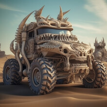 Crazy Vehicle Monster Truck, Made From Bones, Madmax Steampunk Style In Desert