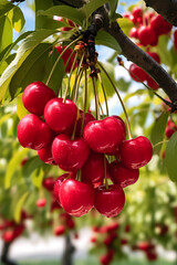 Wall Mural - Cherry on the tree hanging down Behind it is a cherry orchard