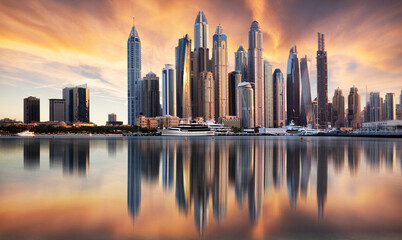 Canvas Print - Dubai Marina panorama at sunrise, nobody. United Arab Emirates