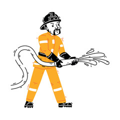 Sticker - Man Firefighter Character in Helmet and Uniform Stream Water from Hose Vector Illustration