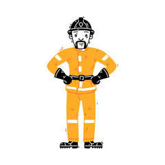 Canvas Print - Man Firefighter Character in Helmet and Uniform Stand and Smiling Vector Illustration