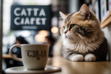 Cat cafe. The cat is sitting near the cup