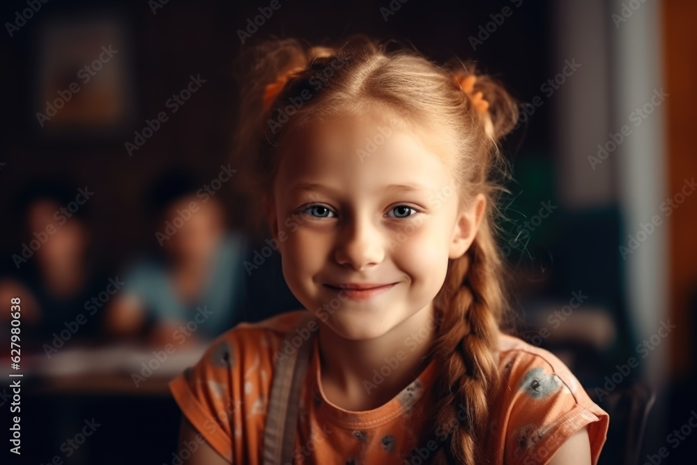 Portrait of cute redhead pupil girl at the desk in classroom. Back to ...