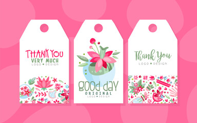 Poster - Pink Flower Tags Design with Flora Blossom Vector Template