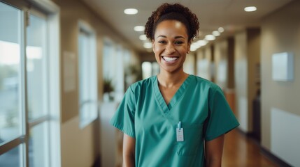 A woman in a green scrub suit smiling at the camera. Generative AI.