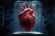 A model of a human heart in a glass case. Generative AI.