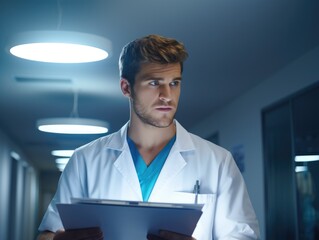 Canvas Print - A man in a lab coat holding a clipboard. Generative AI.