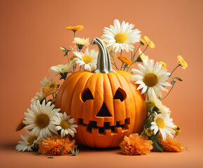 Wall Mural - Autumn still life with pumpkin and daisies. Minimal composition. Concept of  fall or Halloween.