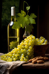 Wall Mural - A bottle of grape wine and a beautiful bunch of grapes placed on a table with a wooden crate.