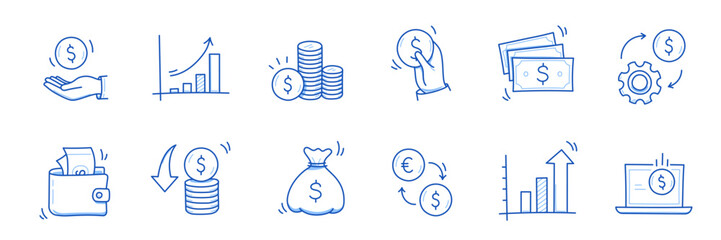 money cash, coin business doodle icon set. dollar coin, money profit doodle line sketch business inf