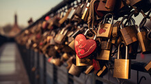 Love Locks On A Bridge: A Close-up Of A Collection Of Love Locks Attached To A Bridge Railing. The Image Symbolizes Everlasting Love And Commitment