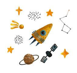Wall Mural - space illustration in childish style. set of cosmos elements such as rocket, stars, asteroids, ufo, 