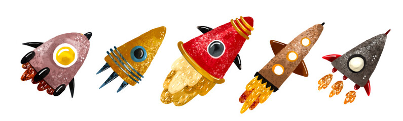 Wall Mural - space illustration in childish style. set of cosmos elements such as rocket, stars, asteroids, ufo, 