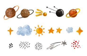 Wall Mural - space illustration in childish style. set of cosmos elements such as rocket, stars, asteroids, ufo, 