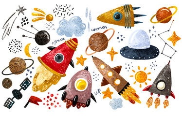 space illustration in childish style. set of cosmos elements such as rocket, stars, asteroids, ufo, 