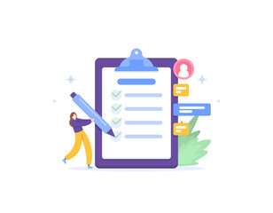 Questionnaire or checklist. A respondent who fills out a survey. Put a check mark on the form paper. answer questions. collect and obtain information from respondents. illustration concept design