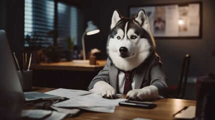 Poster - A dog in a suit sitting at a desk with a calculator. Generative AI.