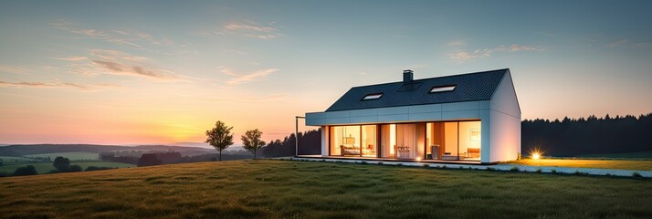 Wall Mural - evening landscape. beautiful sunset over green meadow with house in background