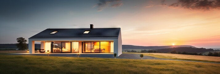 Evening landscape. Beautiful sunset over green meadow with house in background