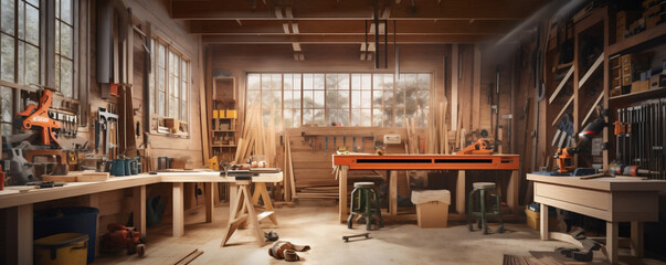 Modern Wood Shop, Work Shop With Tools Hanging on the Wall, A Room By the Window, Well Lit by Natural Light. Generative AI