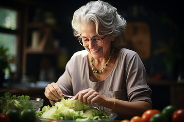 Wall Mural - Healthy food at home. Happy family in the kitchen. Grandma, mother and child daughter are preparing vegetables.