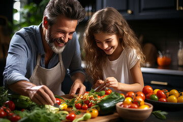 Wall Mural - Healthy food at home. Happy family in the kitchen. Grandma, mother and child daughter are preparing vegetables.