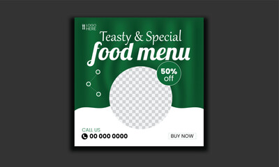Wall Mural - Fast food restaurant business marketing social media post or web banner template design with abstract background, logo and icon. Fresh pizza, burger & pasta online sale promotion flyer or poster.