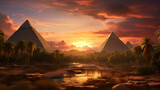 Fototapeta Natura - Egyptian pyramid in sand desert at sunset. Generative AI