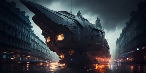 Wall Mural - a huge spaceship, looking like a fighting airplane in the streets of a huge futuristic city by gener