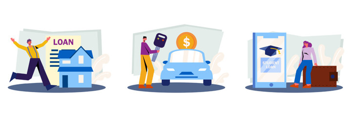 Male running to house. Man borrowed money and bought car. Set of cartoon characters borrow money from the bank to buy valuable things. Easy instant credit concept. Flat vector illustration