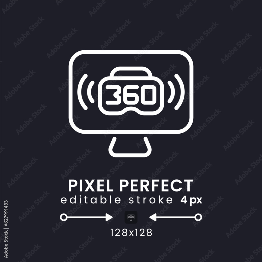 VR live streaming white linear desktop icon on black. Virtual reality ...