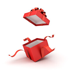 Leinwandbilder - Open red gift box or red present box with red ribbons and bow isolated on white background with shadow 3D rendering