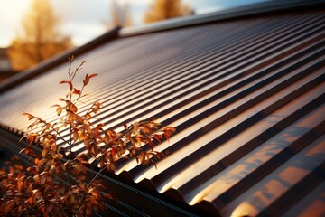 corrugated metal roof installed in a modern house. Corrugated metal roof Modern roof made of metal Metal sheet roof.